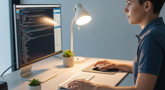 A person working on a computer, with a monitor displaying code, a desk lamp, and a potted plant in the foreground.