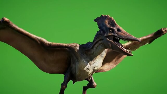 Detailed render of a prehistoric flying reptile with wings spread on a green background