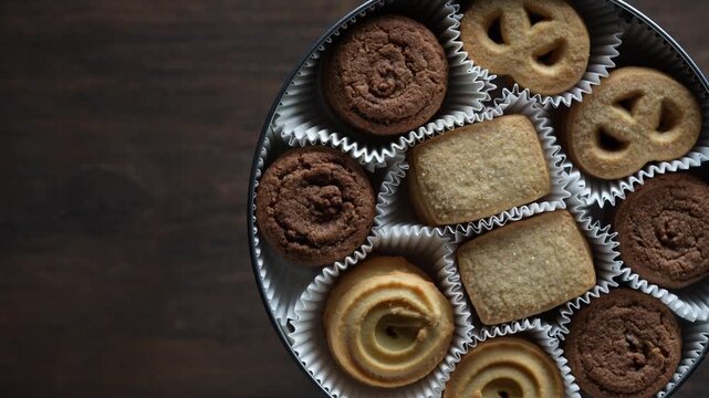 Crispy crumbly shortbread cookies in a round metal box on wooden table, top view, close up, rotates