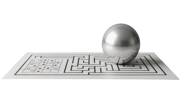 A minimalist maze featuring a silver sphere on a white background