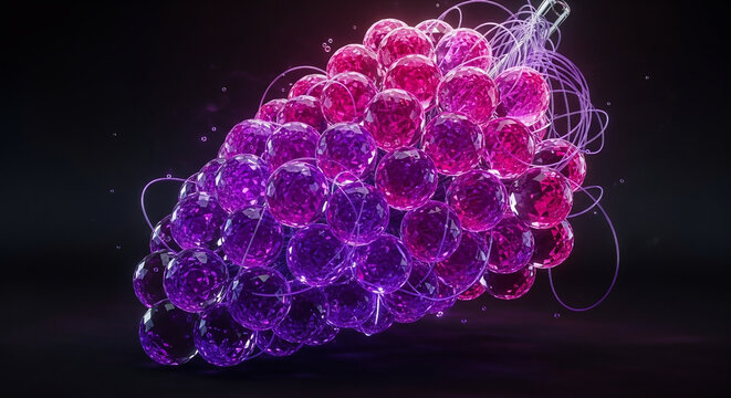 Buah Anggur Kristal Berwarna Ungu dan Merah yang Bersinar Terang dengan Struktur Geometris dan Energi Cahaya