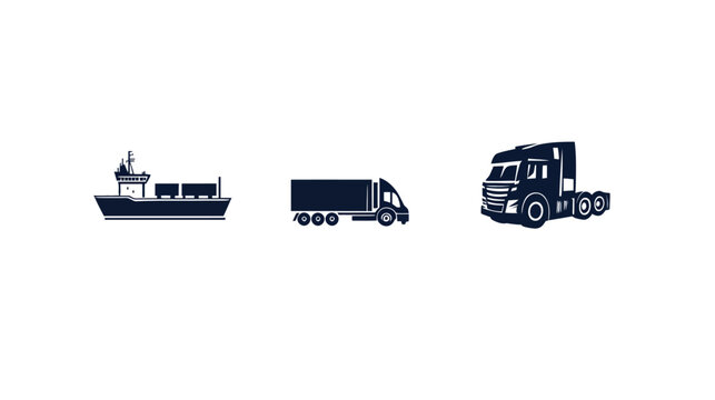 A white background hosts illustrations a ship, a truck, and a semi-truck. Their dark tones stand out
