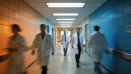 Fototapeta premium Professional Doctors Walking Through Modern Hospital Hallway, Healthcare Team in Clinical Environment with Motion Blur Effect and Clean Interior