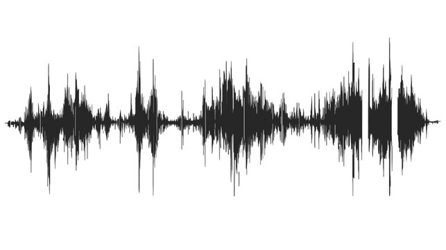 A grayscale waveform isolated on white. Displaying audio amplitude over time. Spikes, peaks, and troughs