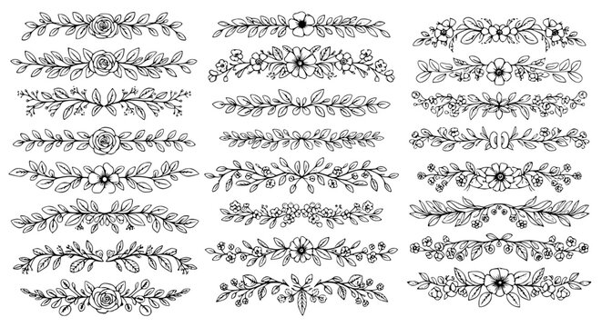 Elegant floral border vector set with decorative botanical horizontal divider elements
