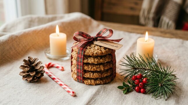 A modest stack of crispy oatmeal cookies tied with a festive plaid ribbon, presented as a holiday gift alongside candles and decorations.