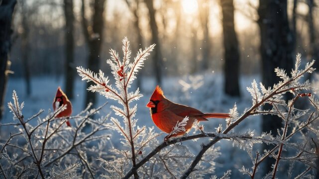 Vibrant red cardinals perched on frosty branches in a serene winter forest during golden hour