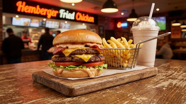Hemberger Fried chicken. Delicious hamburgers, delicious fast food or junk food. A large hamburger served on wood plate. Junk food yummy Meat hamburger on wooden table.