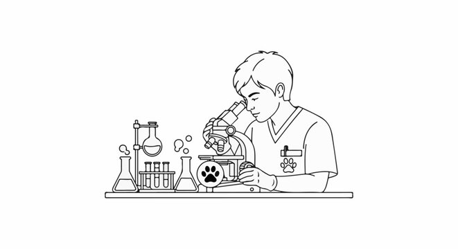 A person in medical attire uses a microscope in a lab with beakers and test tubes