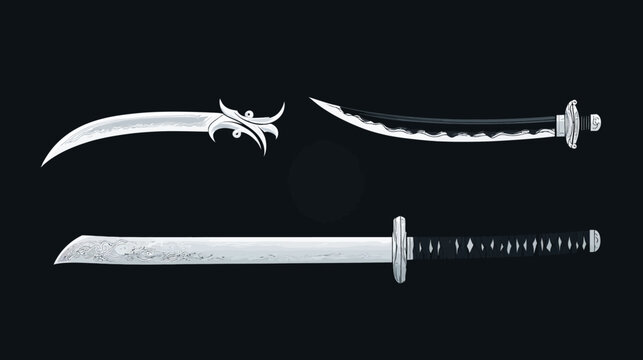 Three pixelated Japanese swords with varying designs, placed on a dark background