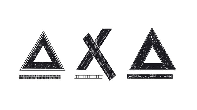 Black and white image with three abstract shapes triangles and an 'X' made of textured lines
