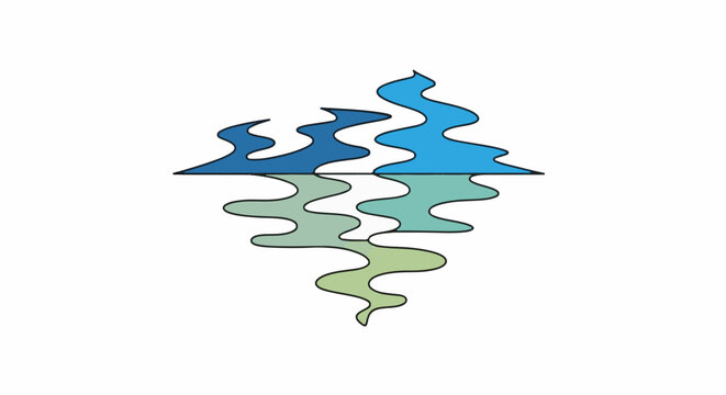 Abstract reflection of blue and green wavy shapes on a white background