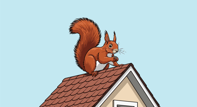 A cartoon red squirrel perched on a brown tiled roof