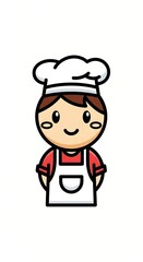 Fototapeta premium A smiling cartoon chef character, in a crisp white apron, red shirt, and tall chef's hat, looking friendly. Simple, cute, and ready to cook