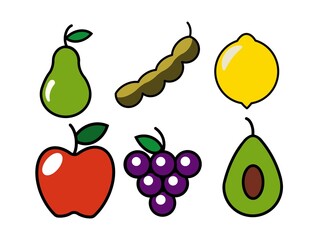 Fototapeta premium A colorful collection of six flat-style fruit icons with bold black outlines.