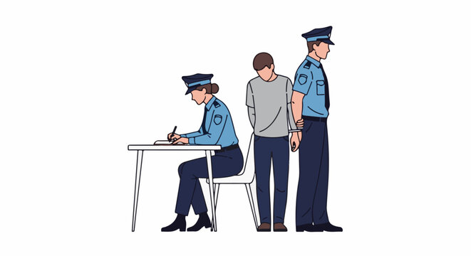 Officers process a handcuffed individual at a desk, with another officer standing guard