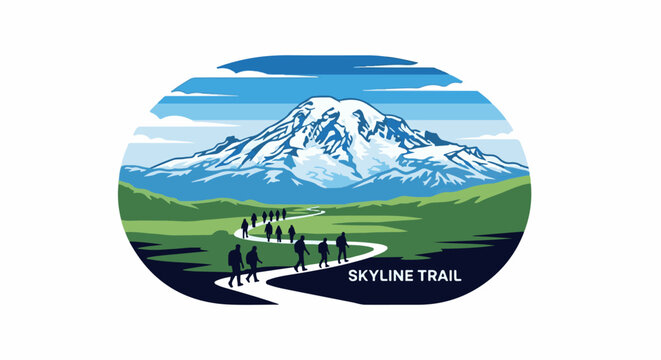 Hikers ascend a winding path towards a majestic, snow-capped mountain