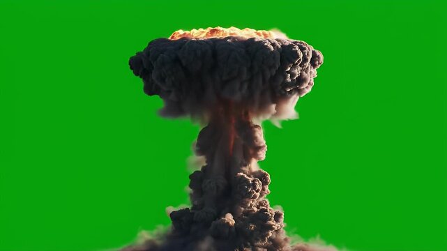 A dramatic explosion effect is isolated on a vibrant green screen background.
