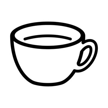 A simple, black-outlined illustration of a coffee cup. The cup appears full, ready for a warm beverage. It has a round shape with a comfortable handle