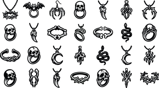 Diverse collection of stylized gothic and macabre jewelry designs featuring skulls, bats, spiders snakes bones and thorny crowns.