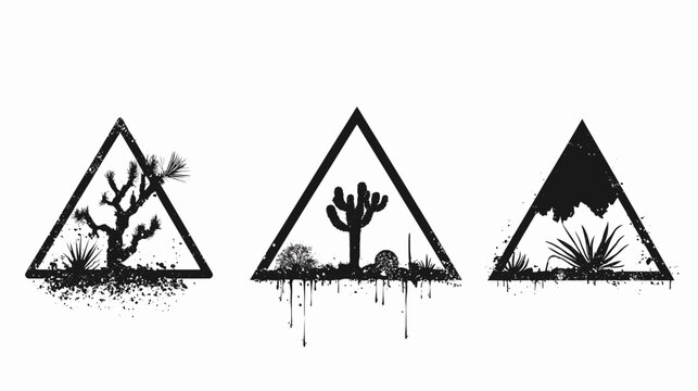 Three minimalist designs depicting desert landscapes within triangle frames. A unique illustration