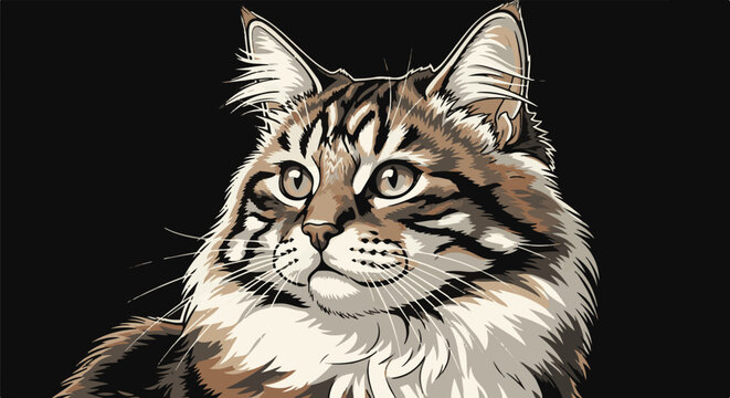 Fluffy tabby cat face with striking green eyes stares intently