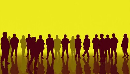Obraz premium A group of people silhouetted against a bright yellow background walking together in unity and harmony
