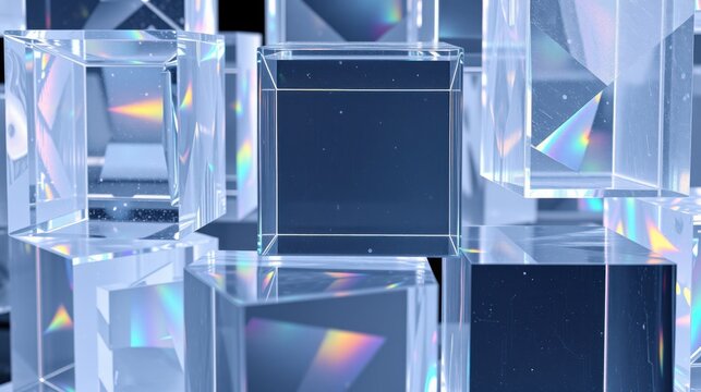 Abstract cubes reflect light, creating colorful iridescent patterns. Dark background emphasizes geometric shapes, offering modern aesthetic.