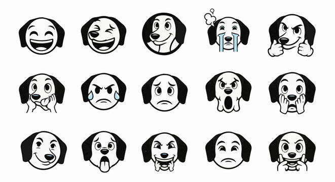 Collection of dog emoji faces showing a variety of emotions and expressions
