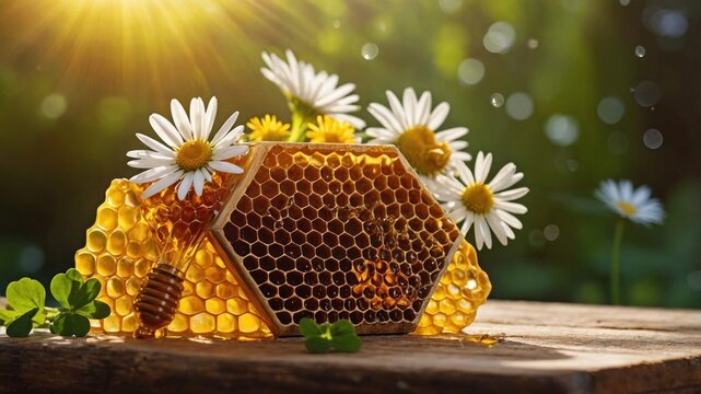 Close-up of honeycomb surrounded by daisies and sunlight, showcasing nature's beauty and sweetness