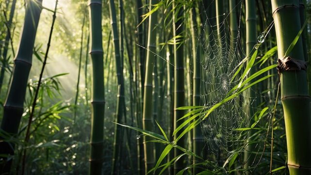 Serene bamboo forest with sunlight streaming through trees, highlighting a spider web in nature