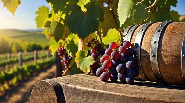 Vibrant grapes resting on a wooden barrel in a sunlit vineyard, showcasing lush greenery and hills