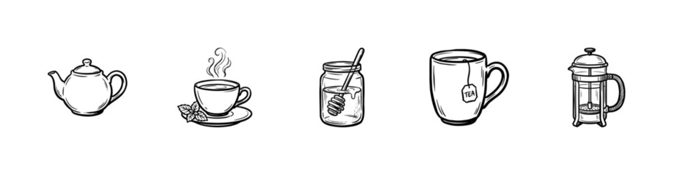 Tea Time and Breakfast Cafe Essentials with Hand-Drawn Inky Brushwork and Fluid Calligraphic Outlines