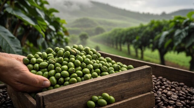 Hand holding a wooden crate filled with green coffee beans in a lush coffee plantation landscape