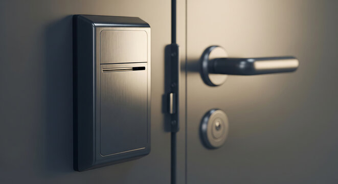 Modern electronic key card reader door lock system for hotel room security and access control in office building