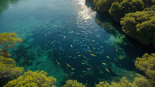 Aerial view of a vibrant underwater ecosystem teeming with colorful fish amidst lush green mangroves