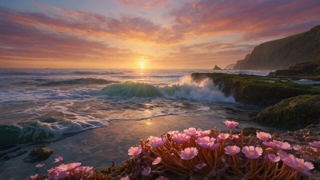 Vibrant sunset over rocky coastline with blooming flowers in foreground and crashing waves