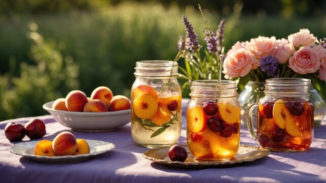 Refreshing summer beverage with peaches and cherries in jars, surrounded by flowers in a sunny garden