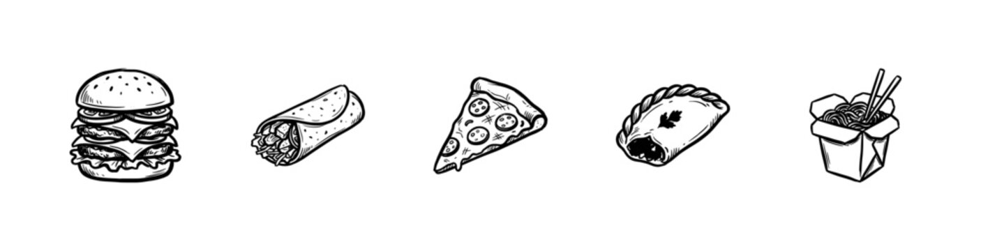 International Food and Fast Food Cuisine Favorites with Inky Brush Strokes and Hand-Drawn Painterly Aesthetic