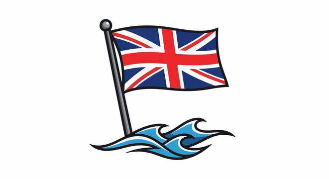 Union Jack flag flying on a pole above stylized blue ocean waves