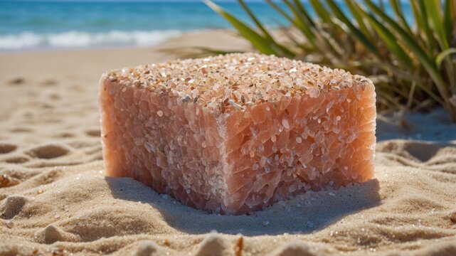 A large block of pink salt rests on sandy beach, with ocean waves and green plants in the background