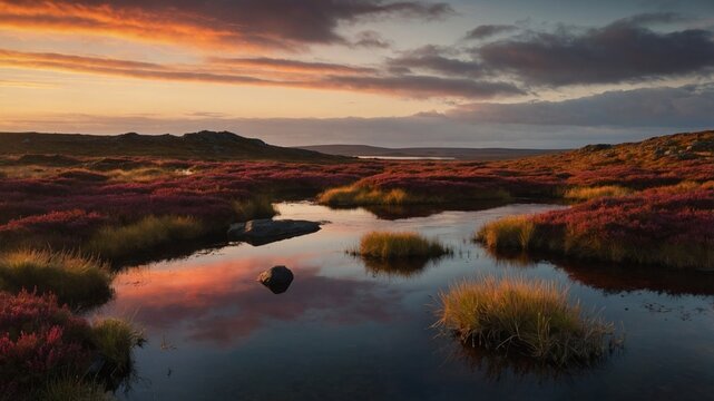 Serene sunset over a tranquil marshland with vibrant purple heather reflecting in calm waters