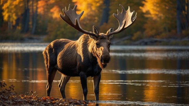 Majestic moose standing by a serene lake surrounded by vibrant autumn foliage reflecting in water