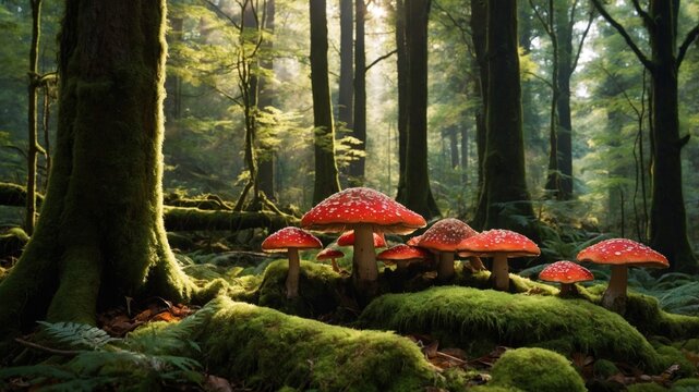 Vibrant red mushrooms growing amidst lush green moss in a serene forest setting with sunlight filtering through trees