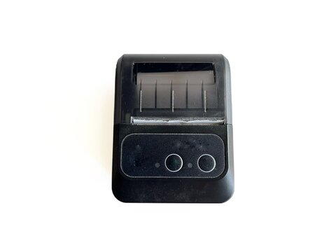 Portable mini thermal printer for smartphone isolated on white background. Wireless pocket receipt and label printer for office, school, and digital lifestyle concepts.