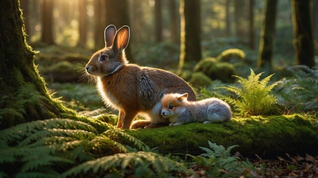 A serene forest scene featuring a rabbit and a fox cub resting on a mossy log in golden sunlight