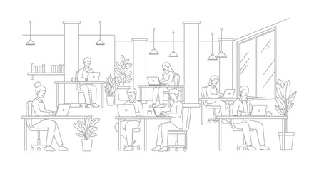 Obraz premium Modern office, coworking space, people working, laptops, minimalist line art