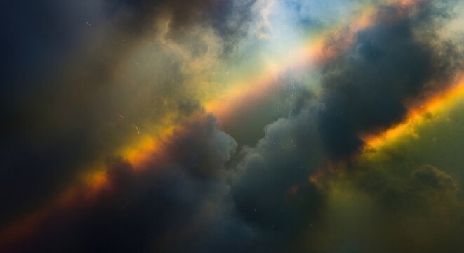 A vibrant, colorful rainbow arches over a dark, stormy sky, with a mix of dark and light clouds and a hint of a rainbow-like reflection on the ground.
