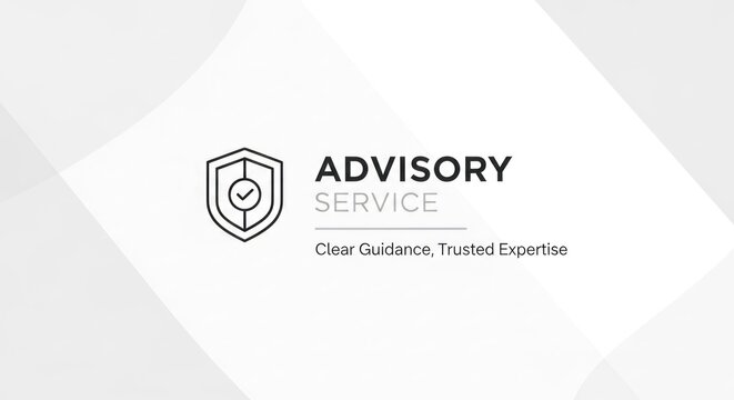 A shield with a checkmark inside, with the words 'ADVISORY SERVICE' and 'Clear Guidance, Trusted Expertise' written on it. The background is white with a geometric pattern.