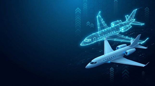 Digital twin technology illustration of an airplane with holographic simulation model, representing aviation, flight simulation, aerospace innovation, and smart maintenance ai new